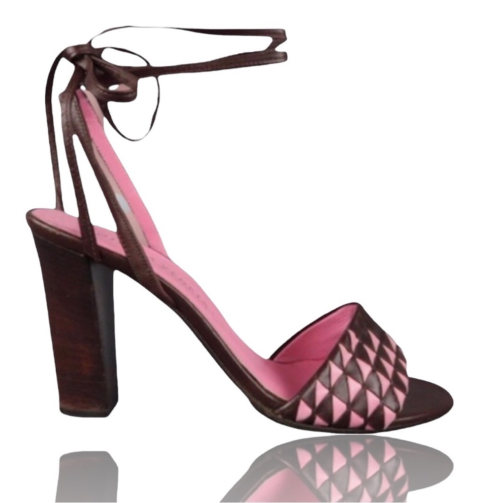 Vintage Bottega Veneta Pink & Brown Leather Ankle Tie Sandal Heels | Size 7